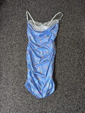 Shein Mini Dress Large Blue Floral Ruched Cowl Neck White Lace Trim