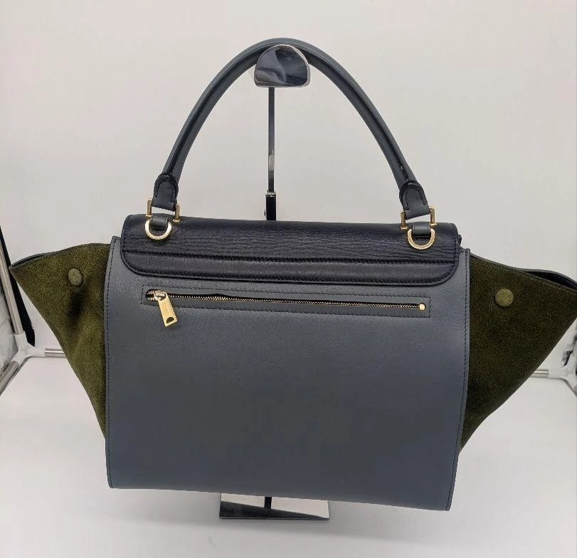 CELINE Trapeze 2way Tote Shoulder Bag Handbag Navy Burgundy Leather Beige Suede - Image 3 of 4