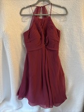 Azazie Halter Bridesmaid Dress Pleated Chiffon A-Line Party Tea Length Dress A6