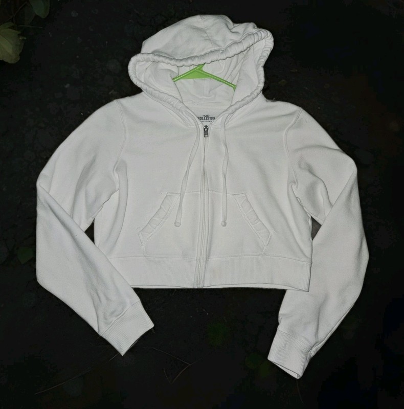 Hollister White Cropped Full Zip Hoodie Size L