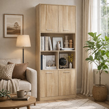 Tall Bookcase Oak Storage Cabinet Adjustable Shelves Doors Freestanding