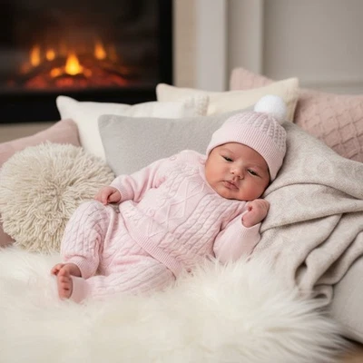 ROCK A BYE BABY Baby Girl KNITTED Outfit Set Leggings Trousers Jumper Pom Pom Hat 100% COTTON