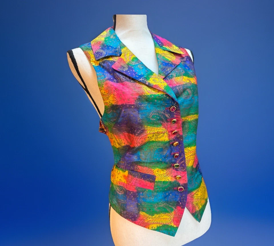 VTG 90s TODD OLDHAM Times Seven Silk Vest Small Jewlel Buttons Psychedelic RARE - Image 4 of 4