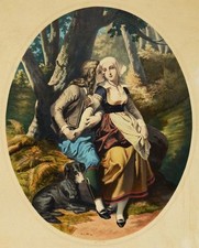 Lithographie 19. Jh. handkoloriert Liebespaar im Wald mit Hund 62 x 50 cm