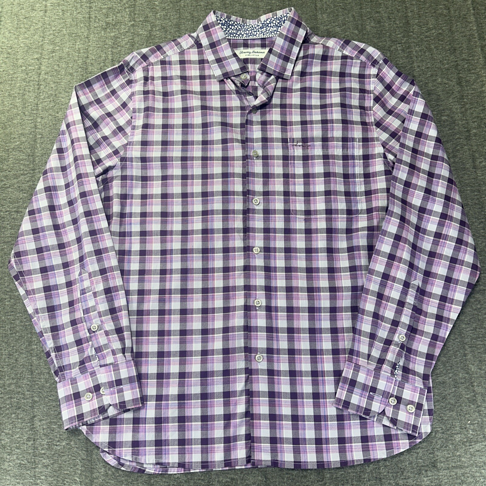 Tommy Bahama Dress Shirt Mens Medium Purple Plaid Long Sleeve Cotton Button Down