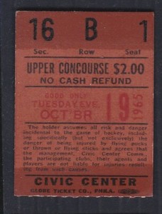 October 19, 1965 AHL Baltimore Clippers vs. Pittsburgh Hornets Ticket Stub
