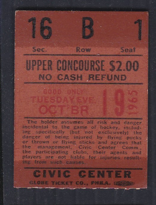 October 19, 1965 AHL Baltimore Clippers vs. Pittsburgh Hornets Ticket Stub