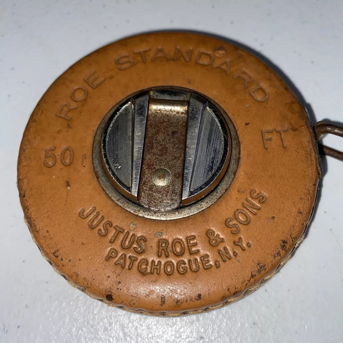 Vintage Justus Roe Sons Leather Wrapped Standard 50 FT Steel Tape Measure