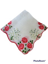 Vtg white cotton handkerchief pink roses lily of the valley butterflies 12 in