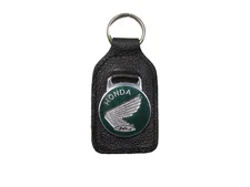 Honda Wing Leather Keychain FOB Ring Made in England Enamel Green and Chrome