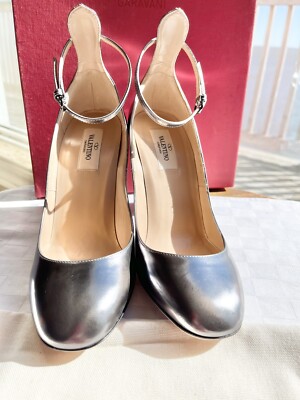 Valentino Garavani Tango Pewter Patent Leather Ankle-Strap Block