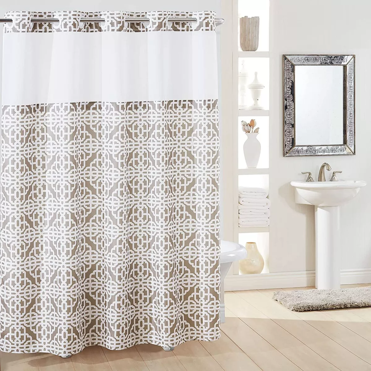 NEW Hookless branca lattice print taupe Shower Curtain with Peva Liner fabric