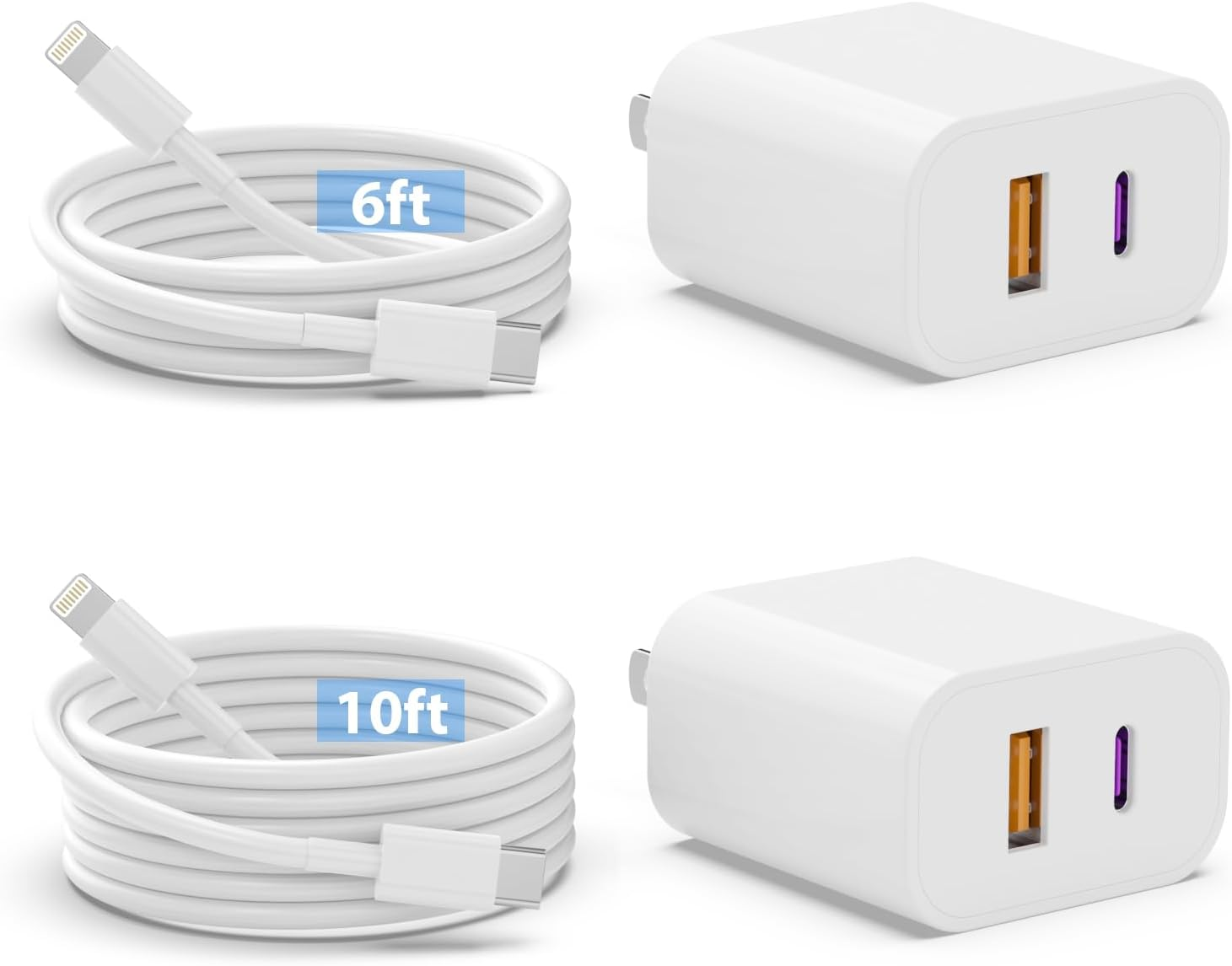 Iphone Charger, 2 Pack 20W Dual Port USB Fast Wall Charger Block, (2-Pack 6FT&10