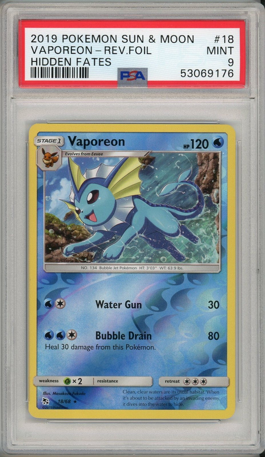 2019 Pokemon Sun & Moon Hidden Fates Vaporeon Reverse Foil #18 PSA 9