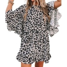 Caramela Womens Leopard Flare Sleeve Mini Dress Black White Animal size Medium