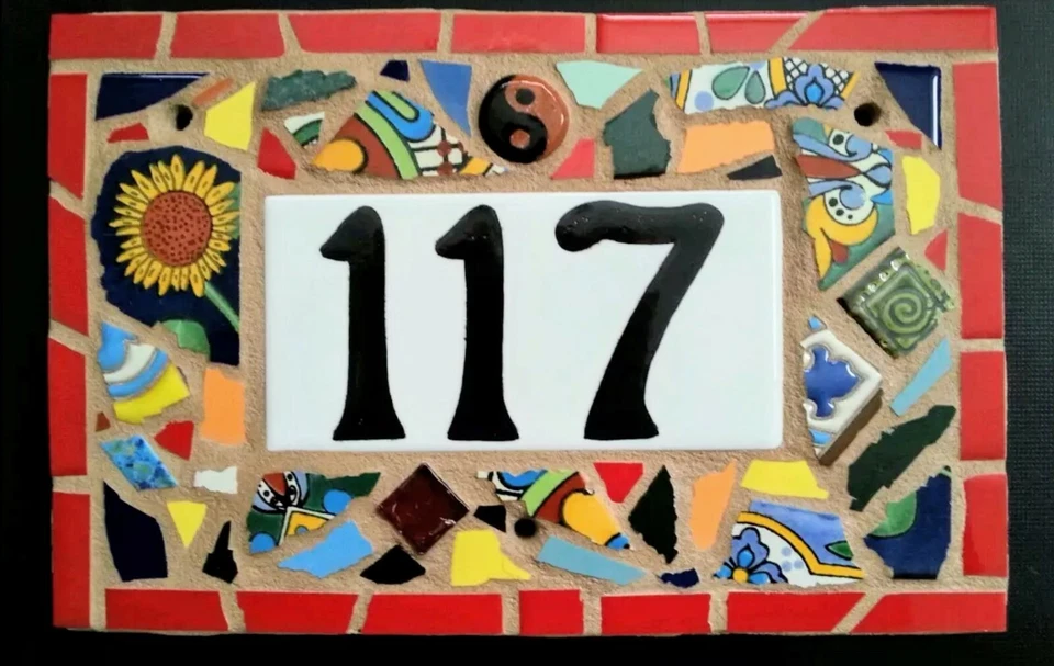 Mosaico de azulejos personalizado número de casa signo de dirección PLACA DE NOMBRE arte de mosaico HECHO A MANO Foto 2 de 4