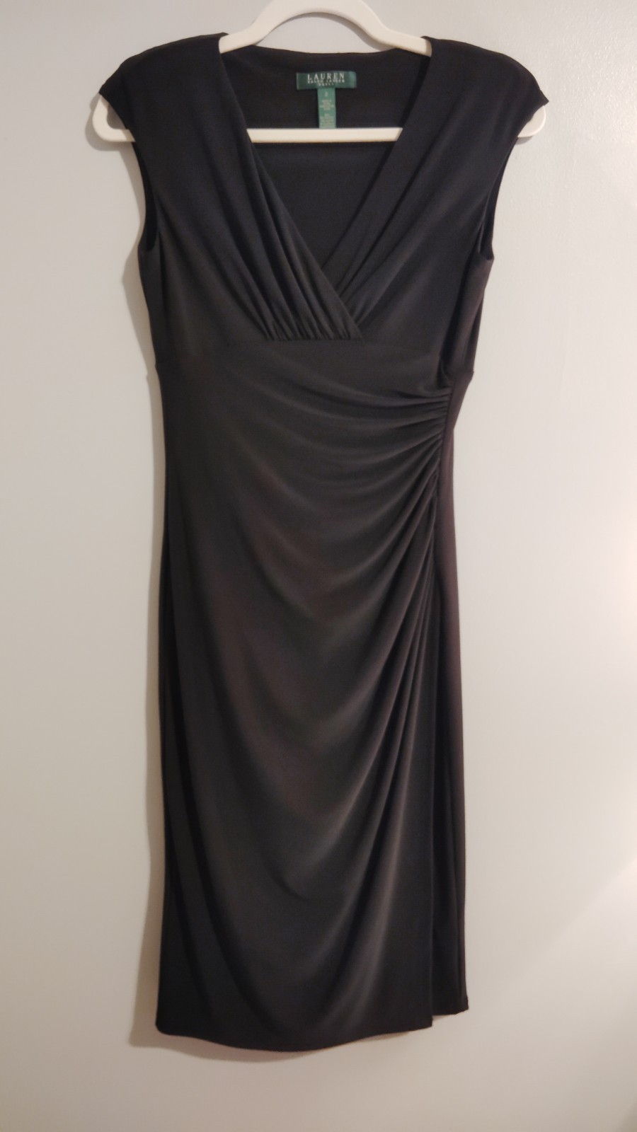 Lauren Ralph Lauren Surplice Neck Ruched Sleeveless Dress Size 2 Black Stretch