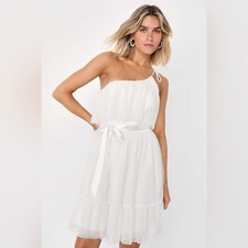 NWT Lulus Adorable Event White Mesh One-Shoulder Swiss Dot Mini Dress Medium