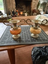 Two Miniature Vases Onyx Metal Brown gold  Vintage Ser