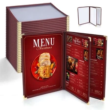 WeChef 30 Pack Menu Cover 6 View 3 Page Book Fold Burgundy 8.5 x 11" Restaurant