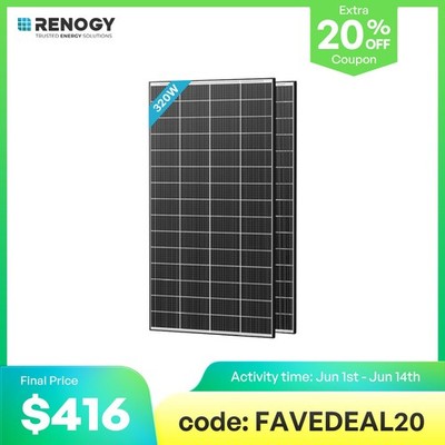Renogy 2PCS 320 Watt Solar Panel 18BB N-Type 24V Monocrystalline On/Off Grid RV
