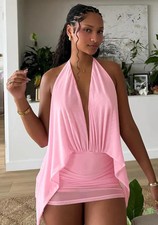 LATEST DESIGN Pink Mesh Halter Backless Mini Bodycon Evening Dress UK Size 8