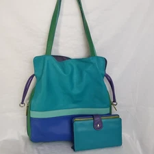 ILI ili Colorblock Leather Bucket Bag & RFID Wallet Turquoise Blue Green Purple