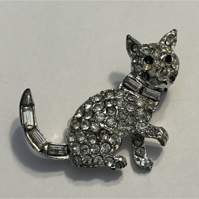 Vintage Pell Silver Color Cat Brooch Pin, Round Clear Crystals,