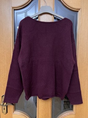 [Defekt] 100% Wolle Pullover, P2P 60cm Len 63cm Burgund L/XL U-Boot Ausschnitt