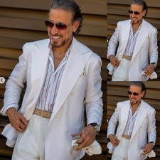 White Men's Suits Peak Lapel Formal Wedding Tuxedo Prom Outdoor Casual Coat Pant