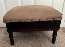 Vintage Dark Wood Tan Suede Upholstered Top with Metal Studs Footstool with Lid