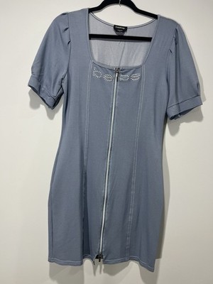 bodycon zipper dress short sleeve blue bebe Blue Knit Short Sleeve Zip Front Bodycon Dress Square Neck M