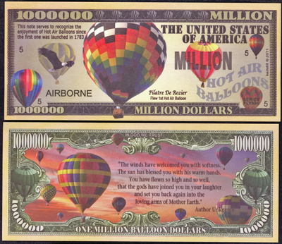 HOT AIR BALLOON NOVELTY MILLION DOLLAR BILLS- LOT OF 2