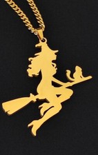 Fliegende Hexe Anhänger Edelstahl Halskette Magie Besen Katze Damen Schmuck C3B