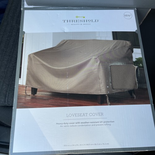 Threshold 55 1/2” X 34” X 30”Outdoor Loveseat Cover, Tan/brown, See Pic