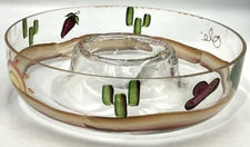 Large 11" Clear Glass Mexican Chip & Dip Bowl Hand Painted Artist SIGNED '99Date