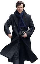 Sherlock Holmes Benedict Cumber batch Men's Black Woolen Winter Trench Coat
