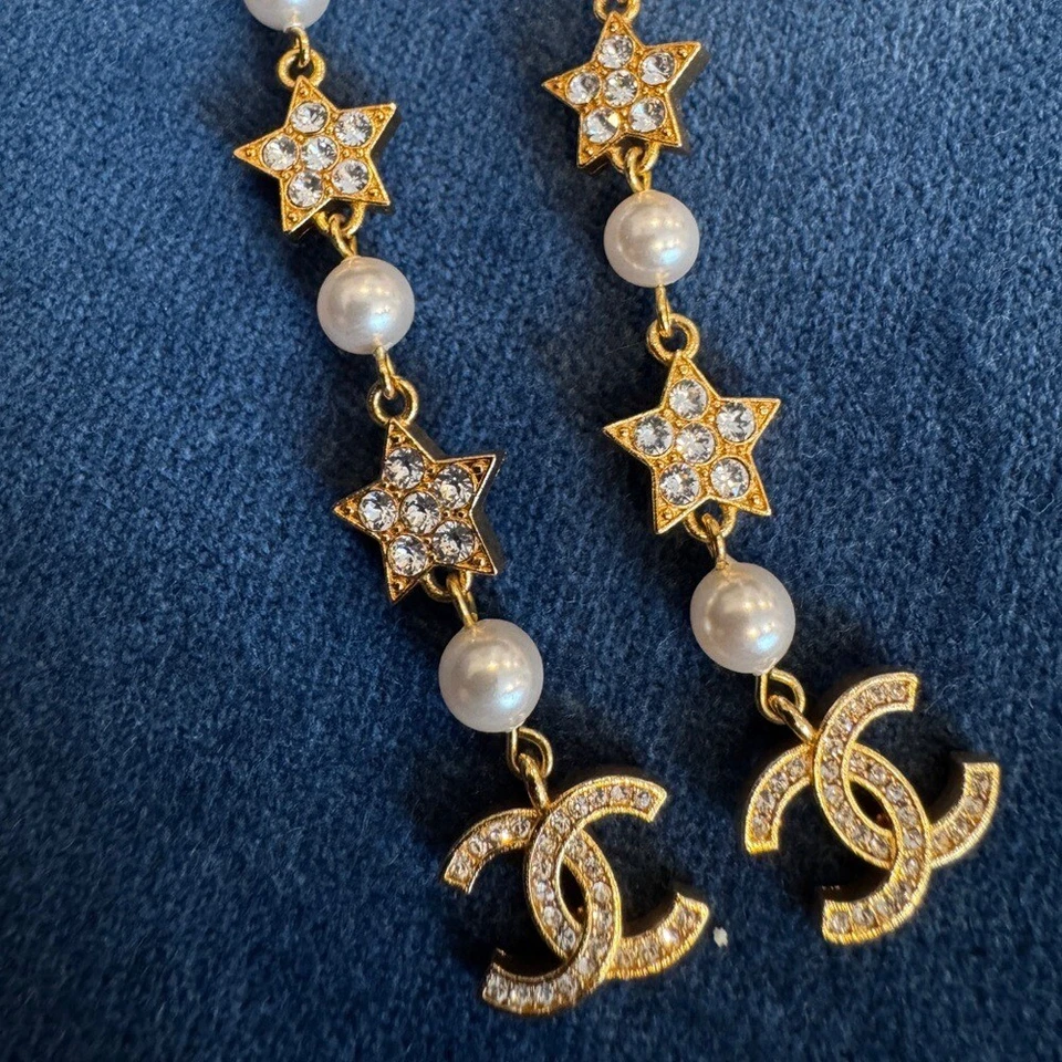 Chanel Dangle Gold Star Pearl Drop Dangle Earrings. - Image 2 of 4