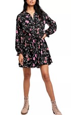 Free People Lighten up Floral Long Sleeve Black Pink Mini Dress Size Small Boho