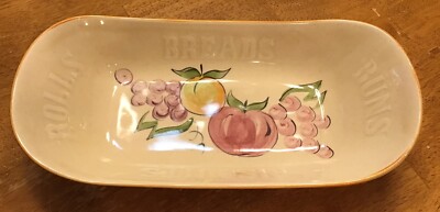Vintage Los Angeles Potteries Bread/Rolls Bowl Vintage Beige With Fruit Designs