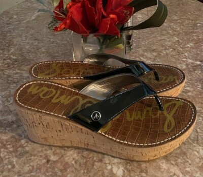 Sam Edelman Romy Black Patent Leather Cork Wedge Thong