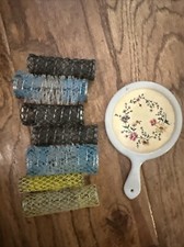 Vintage Unbranded Set of 7 Wire Brush Hair Rollers With Mirror Flowers Rare