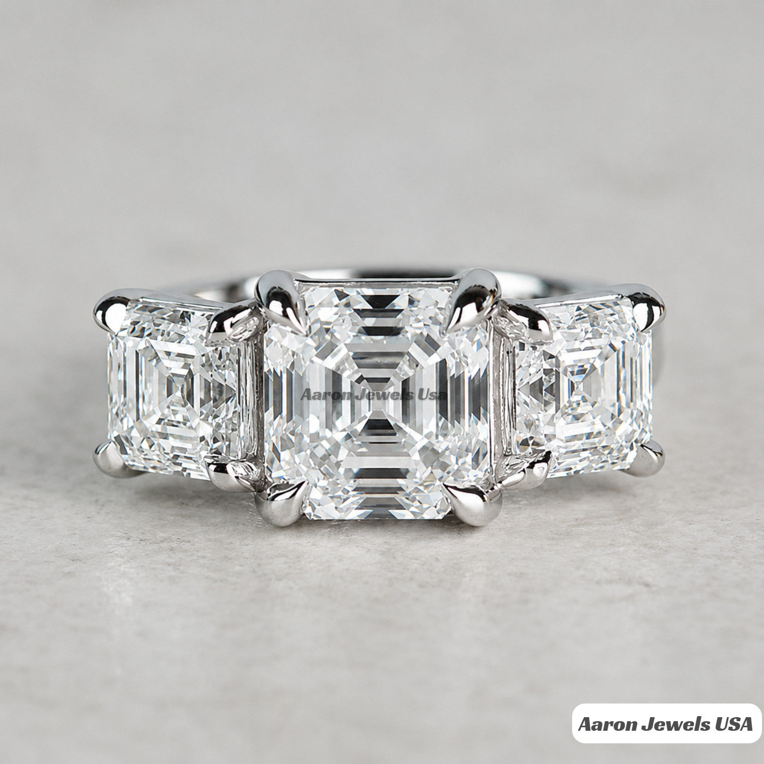 3Ct Asscher Lab Created Diamond 3 Stone Engagement Ring 14K Gold IGI E VS1