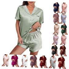 Womens Silk Satin Pajamas Loungewear Two-Piece Sleepwear Button Large Sage-w