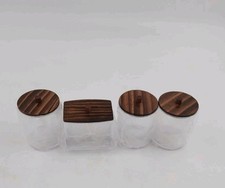 4 Small Plastic Clear Containers with Wood Lids 3 Circle 1 Rectangle 3 x 4"