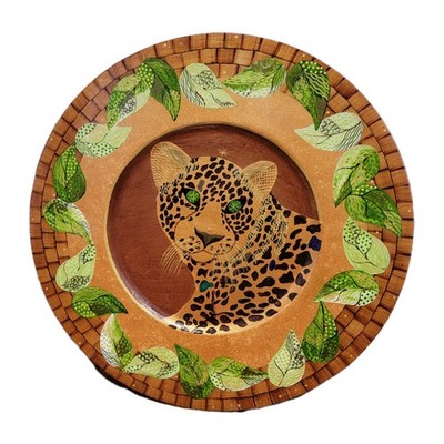 Signed Bibi Leon Hand Painted Round Wood Serving Charger Plate Tiger Cheetah