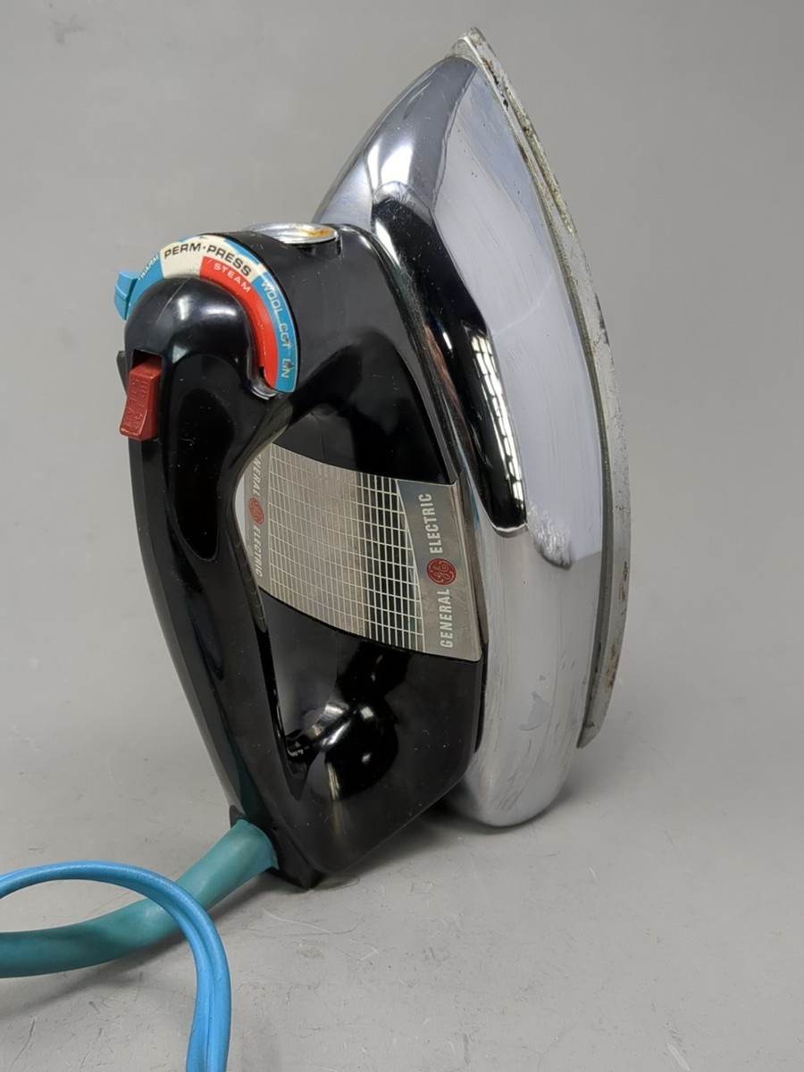 Vintage GE Chrome Steam Iron H3 F63 Turquoise Blue Cord Tested