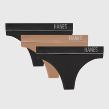 Hanes Originals Women  s 3pk Seamless Rib Thong Underwear - Black/Beige Size M