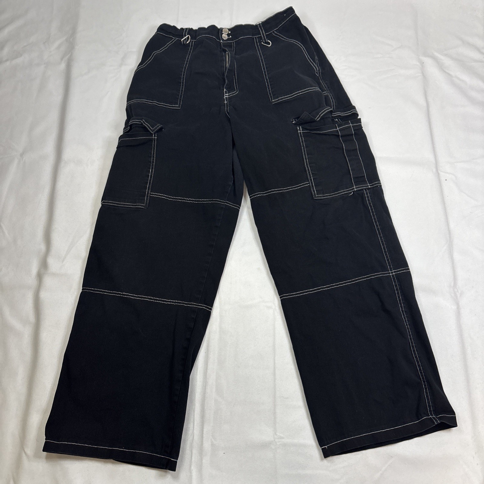 Women's XL Black & White Stitch Cargo Pants Goth Punk Y2K Wide Leg Style