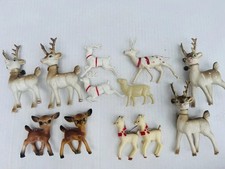 Vintage 12 Celluloid Plastic Christmas Reindeer Deer Doe Fawn Tree Ornaments